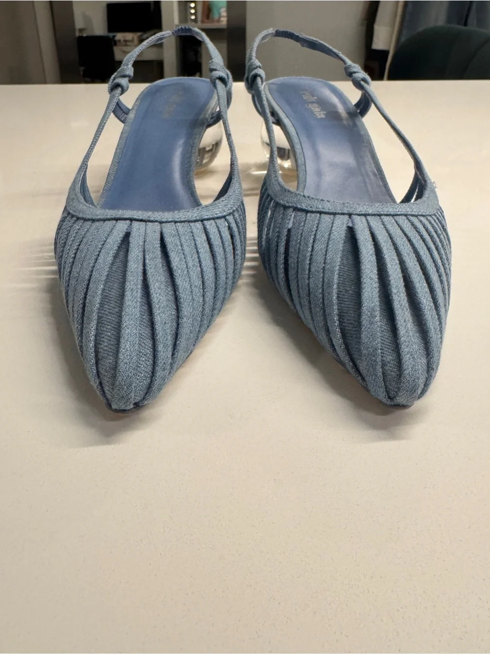 cult gaia Alia blue denim pleated slingback pointed-toe heels size 38.5 Lake